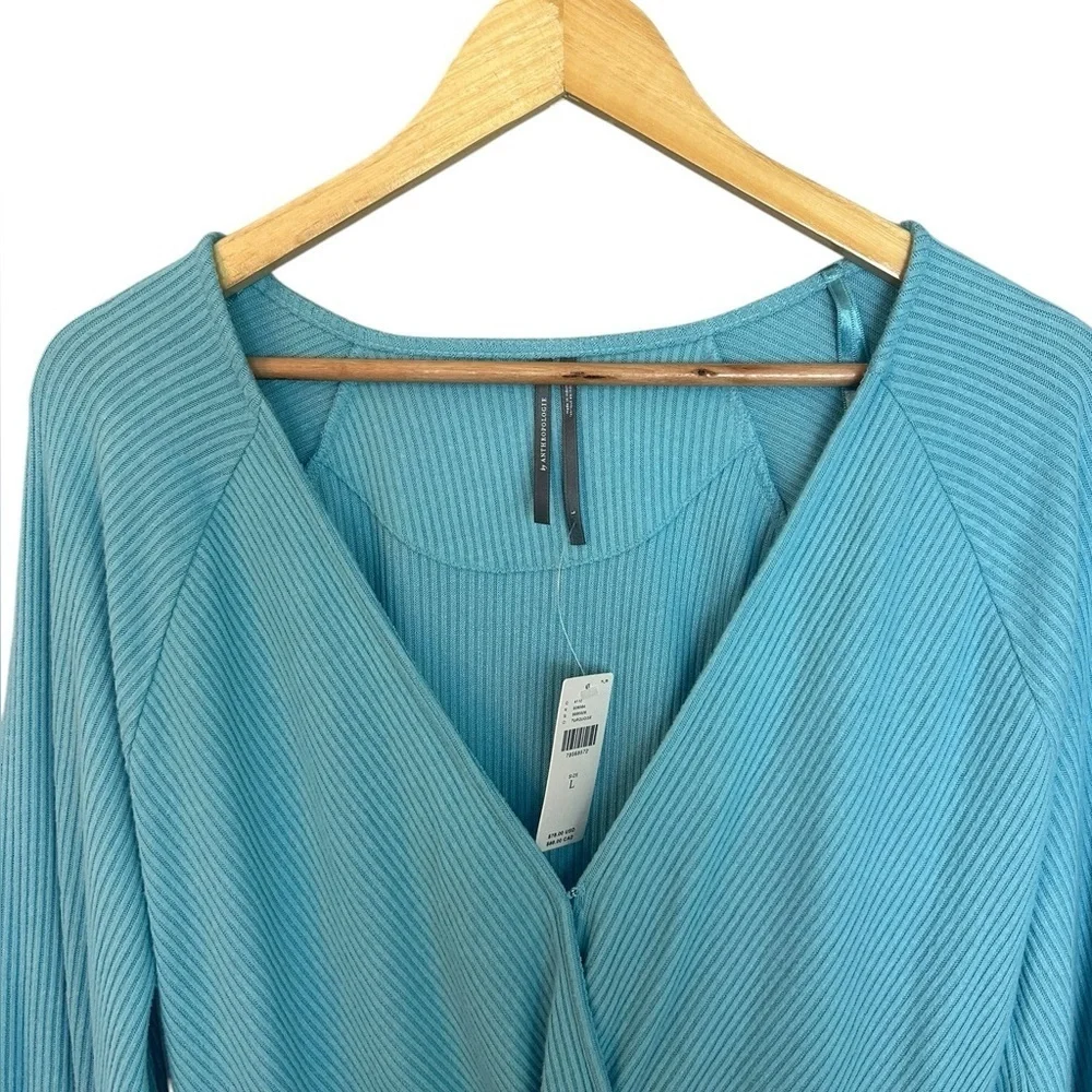 NWT By Anthropologie ribbed wrap front surplice balloon sleeve long sleeve top L - Picture 3 of 8